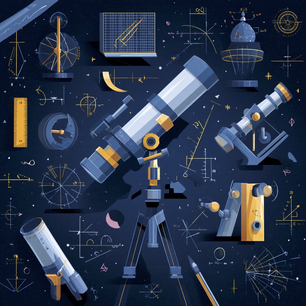 Flat-style illustration of astronomical tools including telescope, star charts, and mathematical symbols on a dark blue starry background
