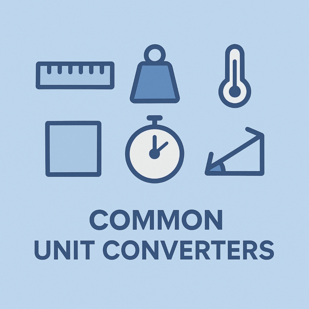 Flat-style illustration of common unit converter icons including ruler, weight, thermometer, stopwatch, square meter, and angle, on a light blue background