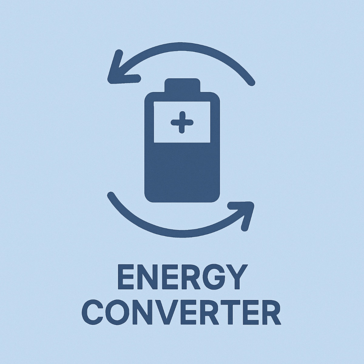 Flat-style illustration of a battery symbol with circular arrows around it, representing energy unit conversion, labeled Energy Converter