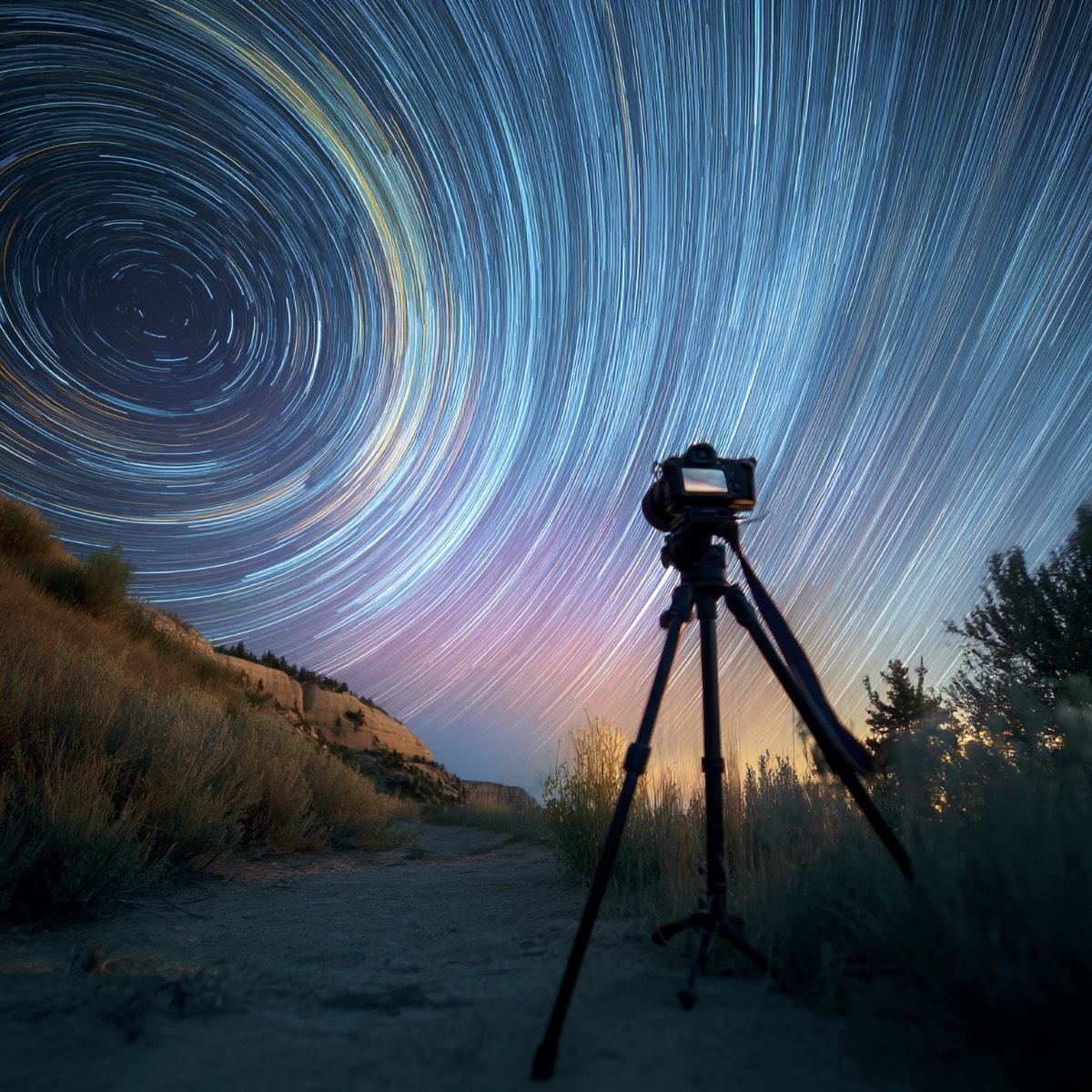 Camera taking long exposure of night sky with star trails