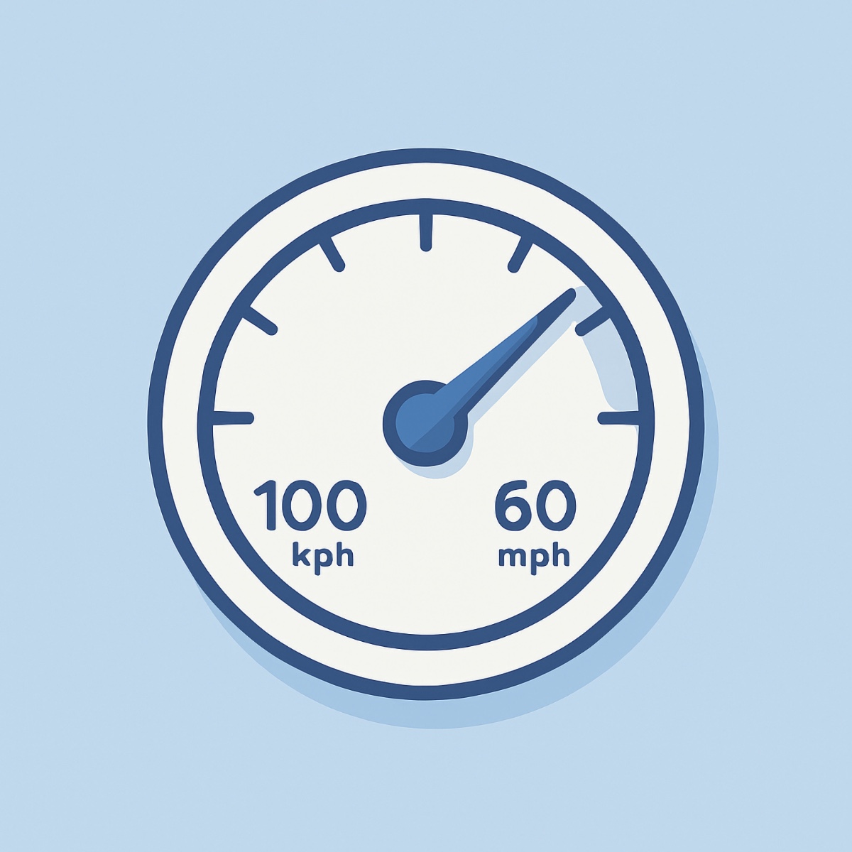 Minimalist illustration of a speedometer showing conversion from 100 kilometers per hour (KPH) to 60 miles per hour (MPH)