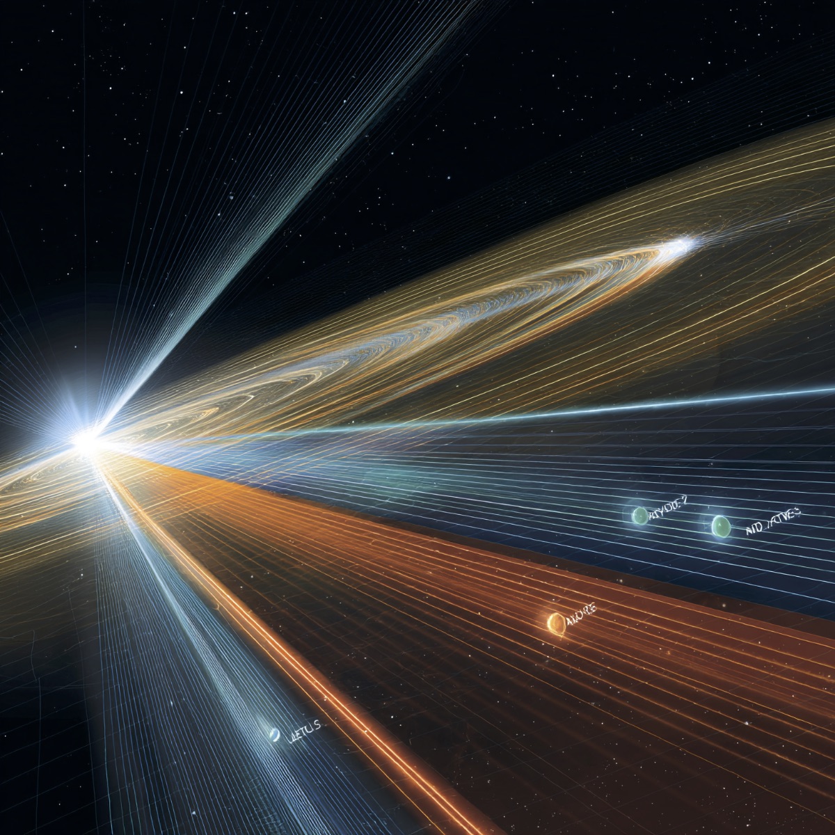 Illustration of light traveling through space with distance markers showing AU, parsecs, and light-years