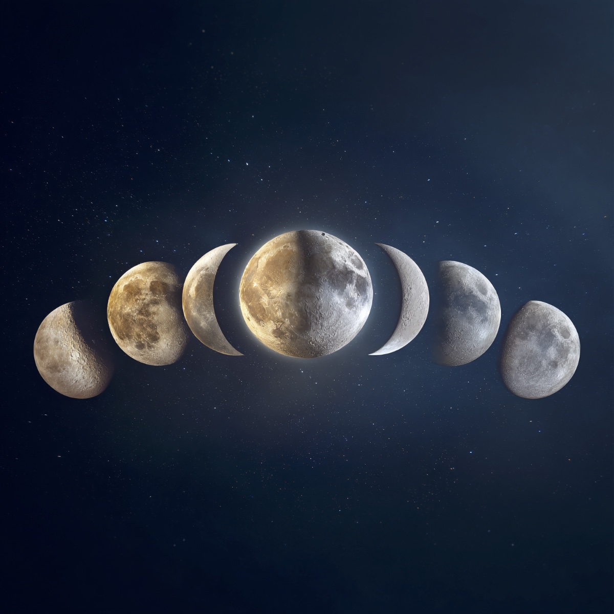 Illustration showing different phases of the moon from new to full