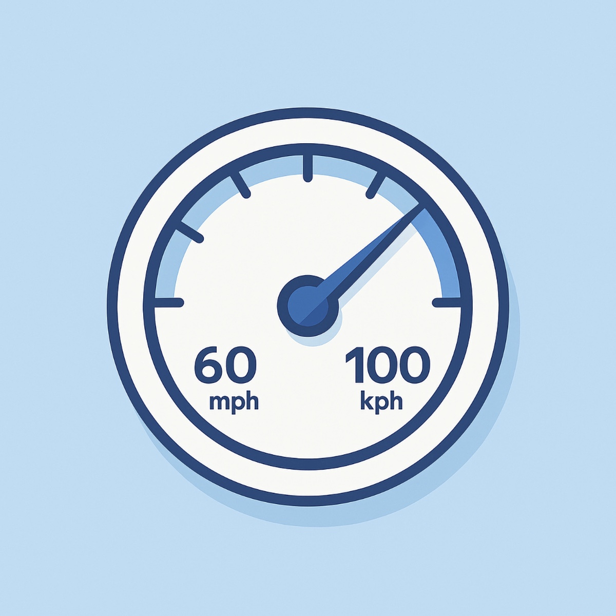 Minimalist illustration of a speedometer showing conversion from 60 miles per hour (MPH) to 100 kilometers per hour (KPH)