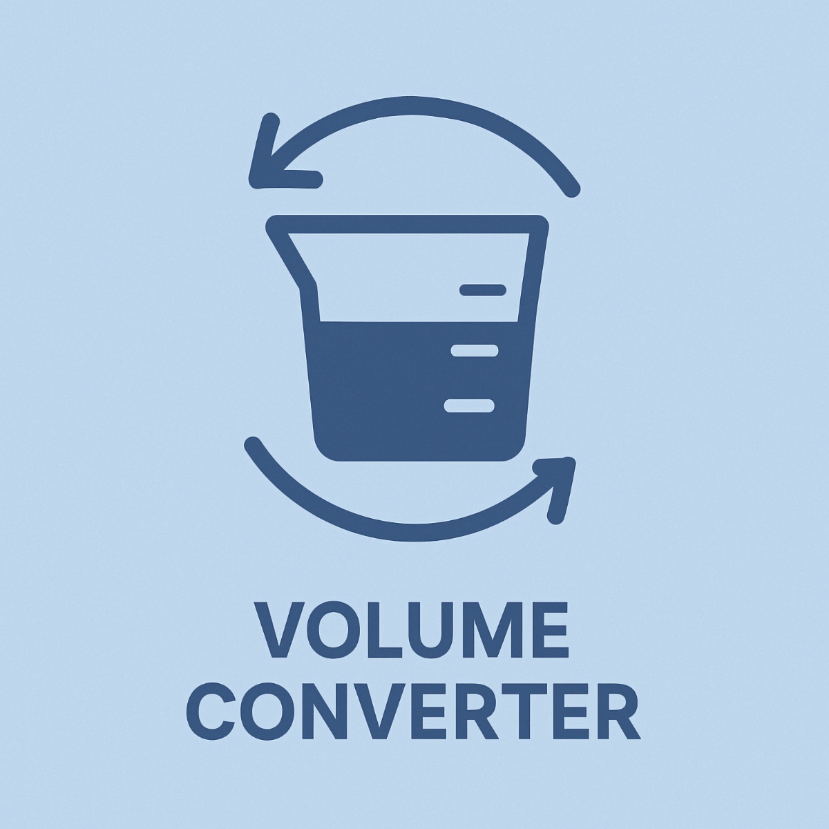 Flat-style illustration of a measuring cup with curved arrows around it, symbolizing volume conversion, labeled Volume Converter